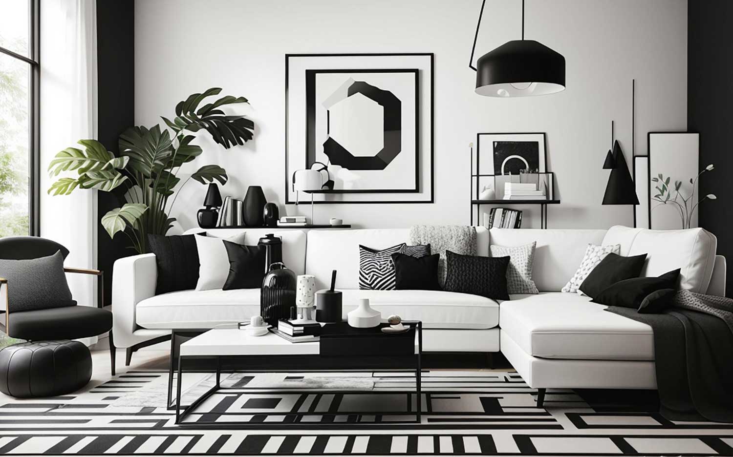 Living room done in black and white furniture and decor