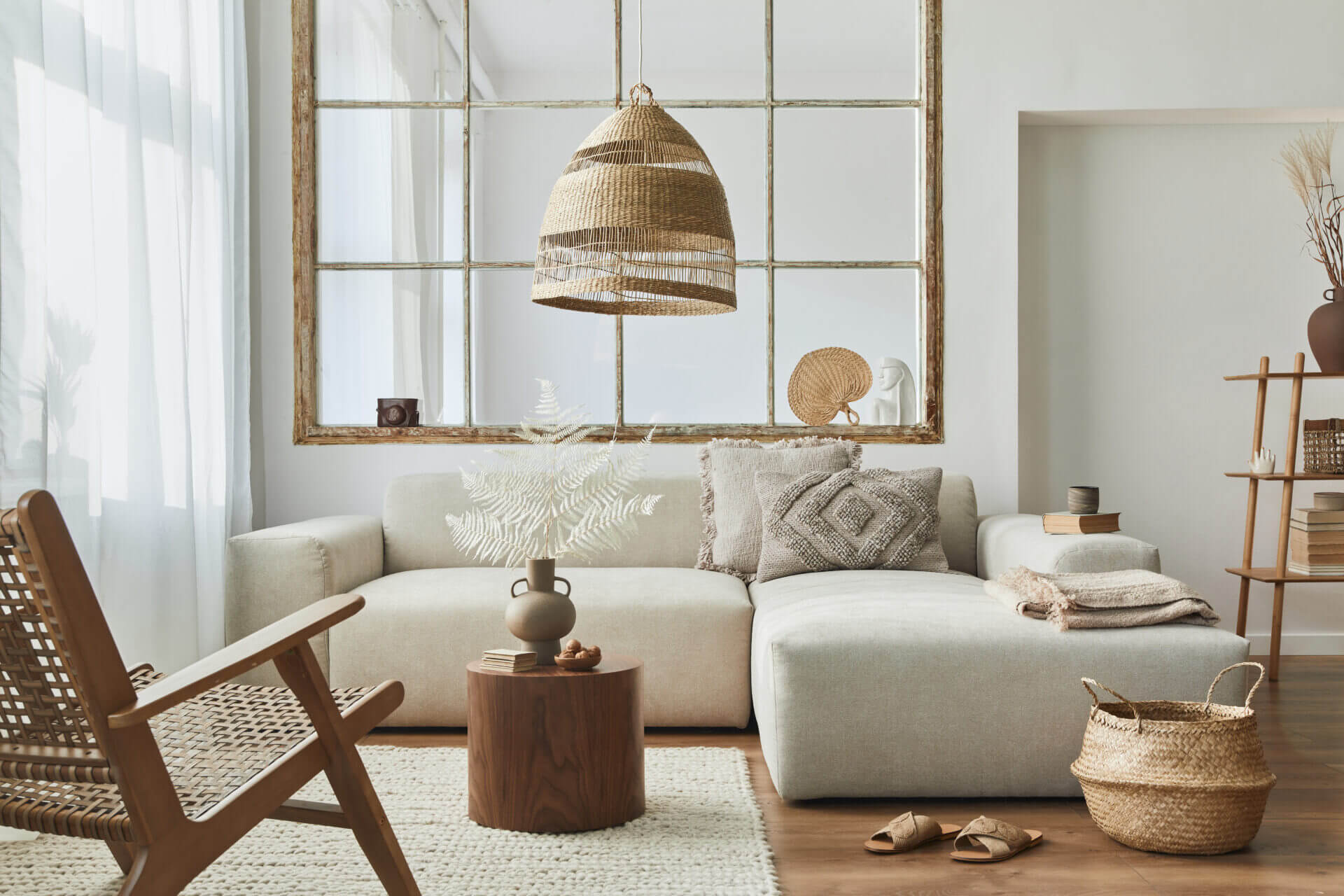 Stylish Interior Of Living Room With Design Modular Sofa, Furnit