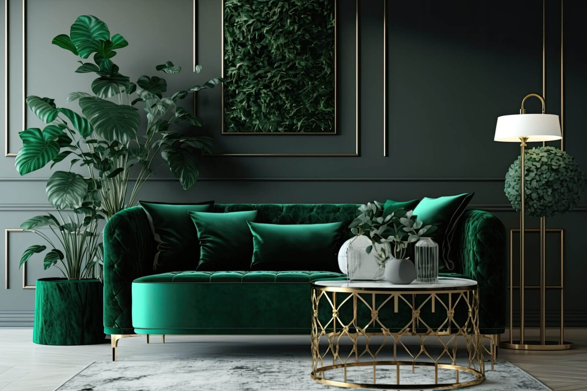 With A Green Velvet Sofa, A Custom Coffee Table, A Marble Table Lamp, A Hanging Gold Flowerbed, And Fine Accessories, This Living Room Has A Stylish And Opulent Interior Design. Template. Modern Interior Design